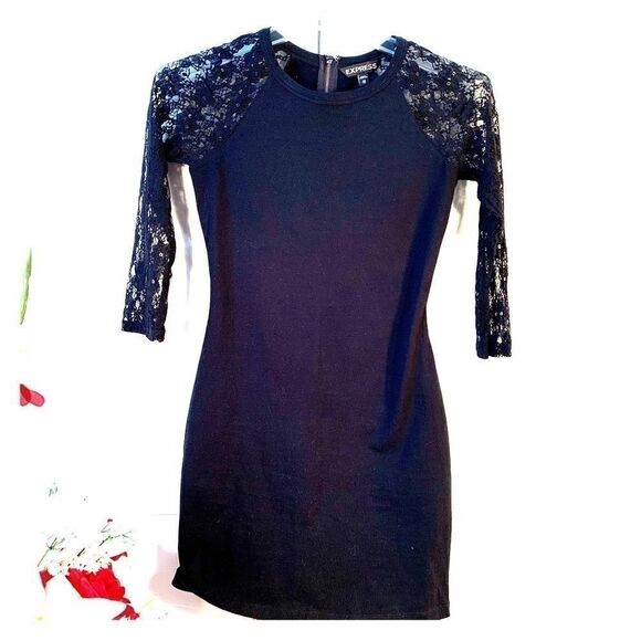 BLACK EXPRESS STRETCH DRESS w LACE SLEEVES SIZE XS - Picture 1 of 4